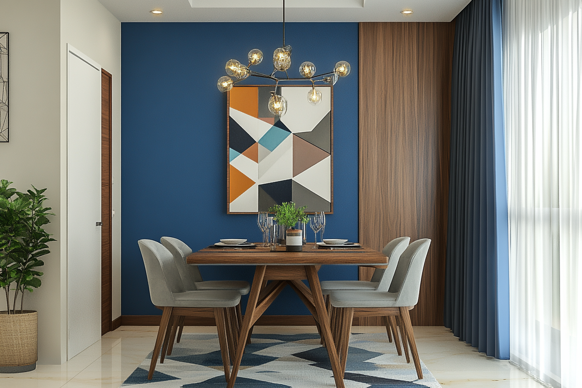 Modern 4-Seater Dining Room Design In Blue And Wood With Geometric Accent Wall