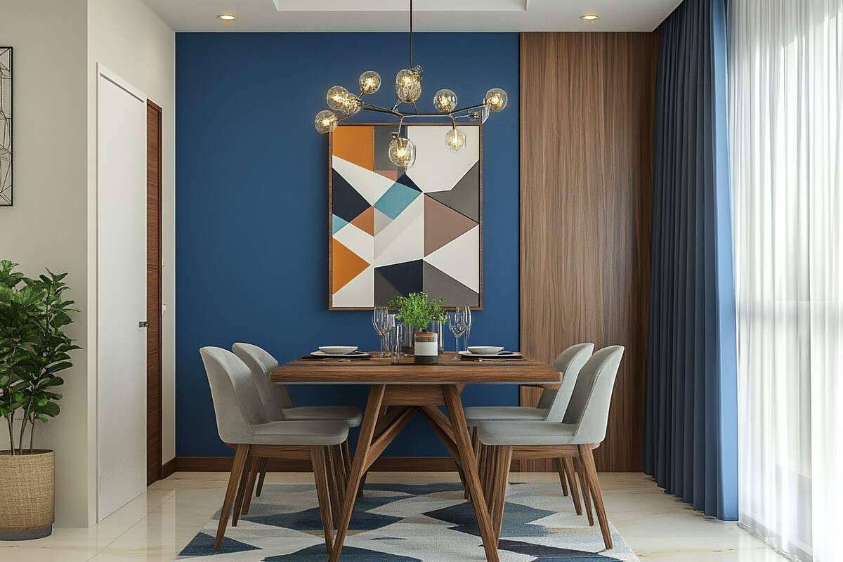 Modern 4-Seater Dining Room Design In Blue And Wood With Geometric Accent Wall Modern 4-Seater Dining Room Design In Blue And Wood With Geometric Accent Wall