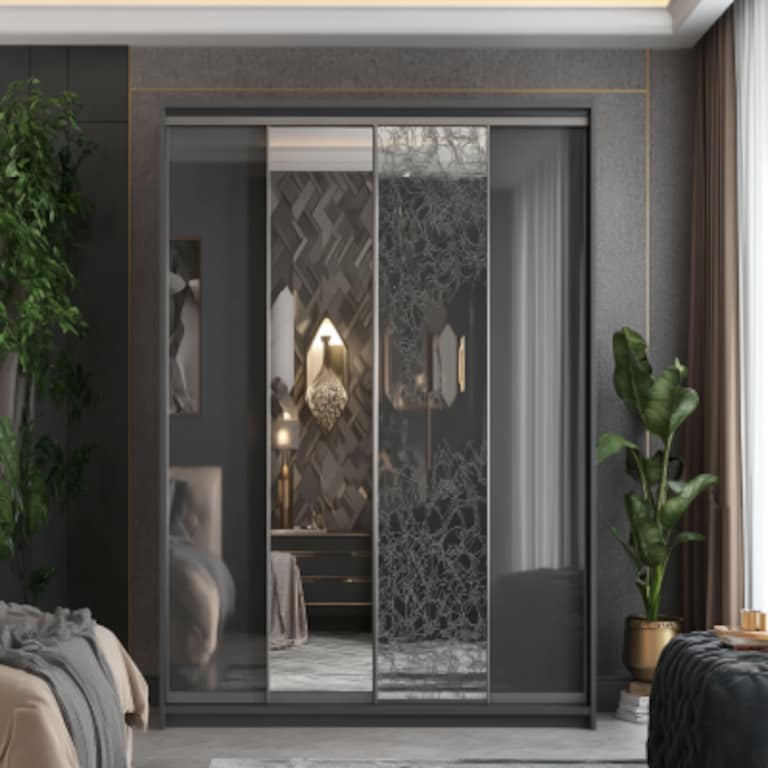 Modern Grey And Silver Frost 4-Door Sliding Door Wardrobe Design With Mirror