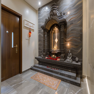 Modern Pooja Room With A Grey Textured Wallpaper And Profile Light