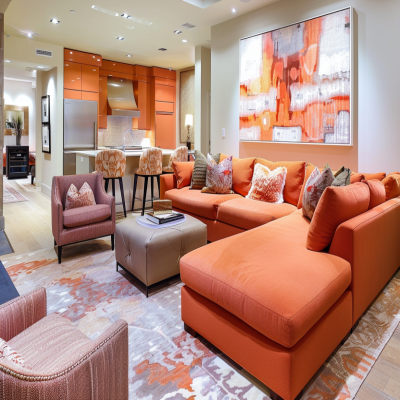 Contemporary Spacious Living Room Design With Orange L-Shaped Sectional Sofa And Dusty Rose Accent Chairs