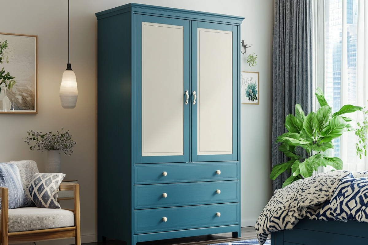 Modern 2-Door Irish Cream And Blue Swing Wardrobe Design With Drawer Storage