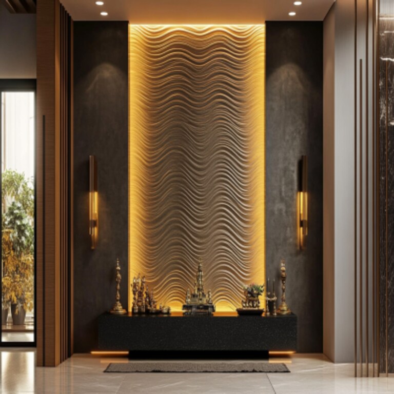 Modern Pooja Unit Design With Textured Wall