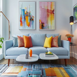 Modern Living Room Design With 3-Seater Light Blue Sofa And Colourful Artwork