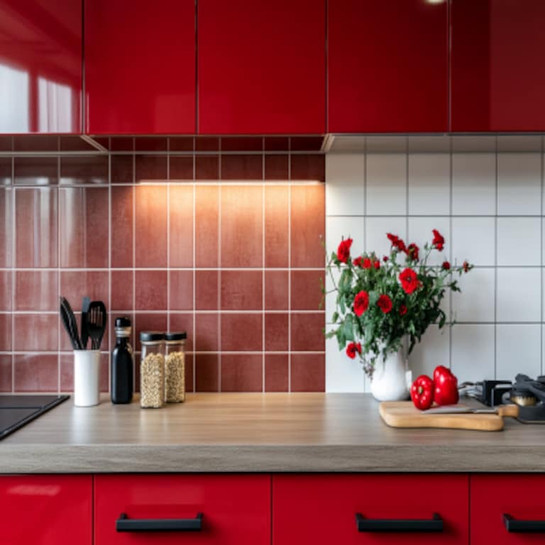 Contemporary Maroon And White Kitchen Tiles With Grid Pattern