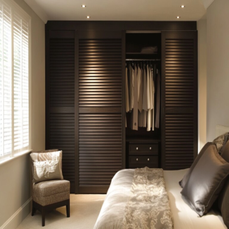 Contemporary Sliding Door Wardrobe Design With Dark Wood Wardrobe Shutters