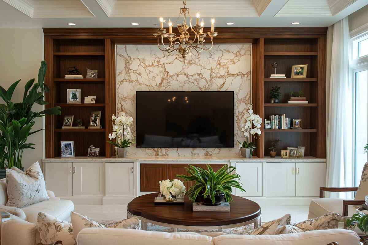 Modern Wooden TV Unit Design with Wall-Mounted Storage Units Modern Wooden TV Unit Design with Wall-Mounted Storage Units