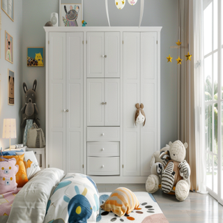 Scandinavian Kids Room Design With White 4-door Swing Wardrobe