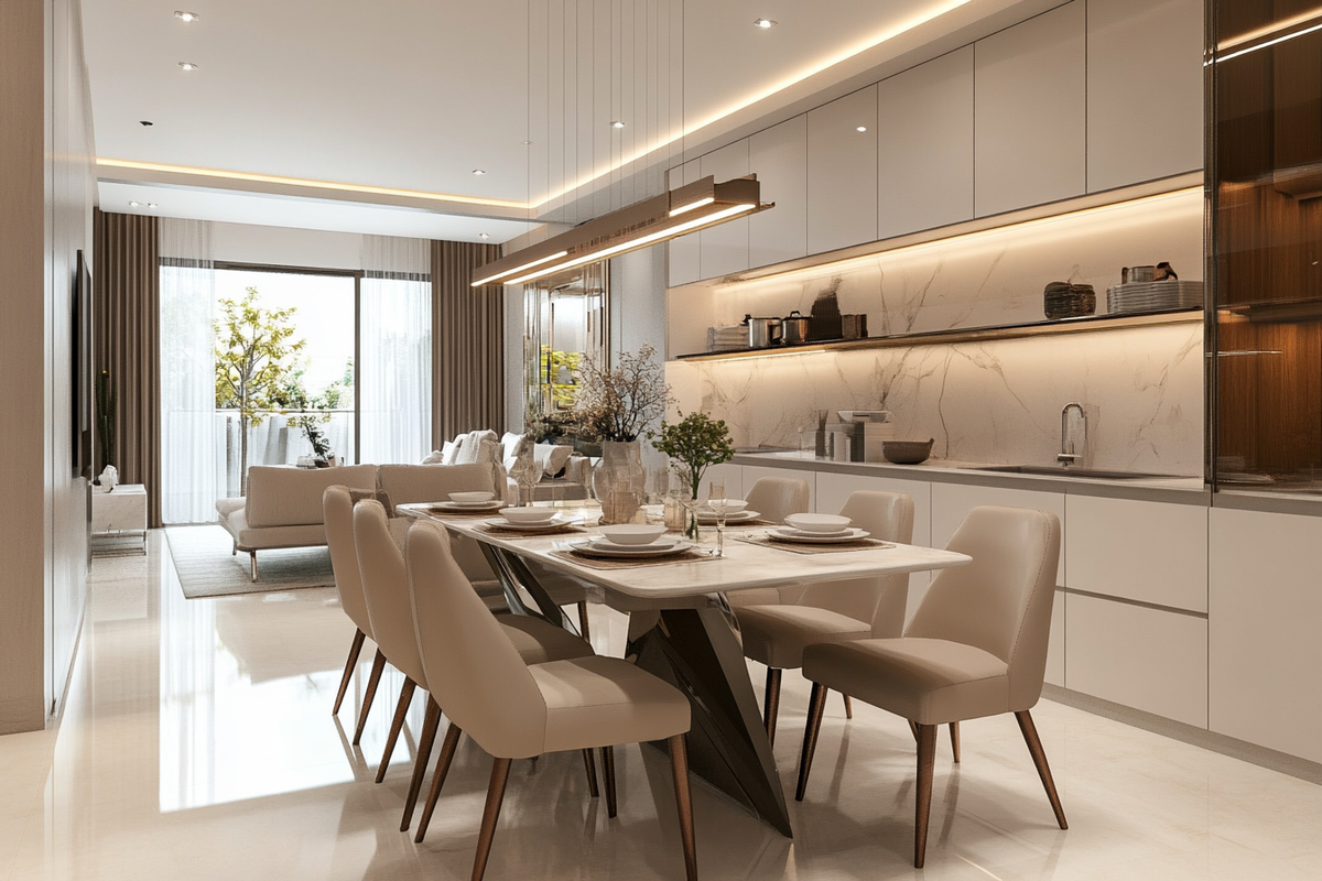 Modern 6 Seater Dining Room Design With Beige Bench And White Crockery Unit