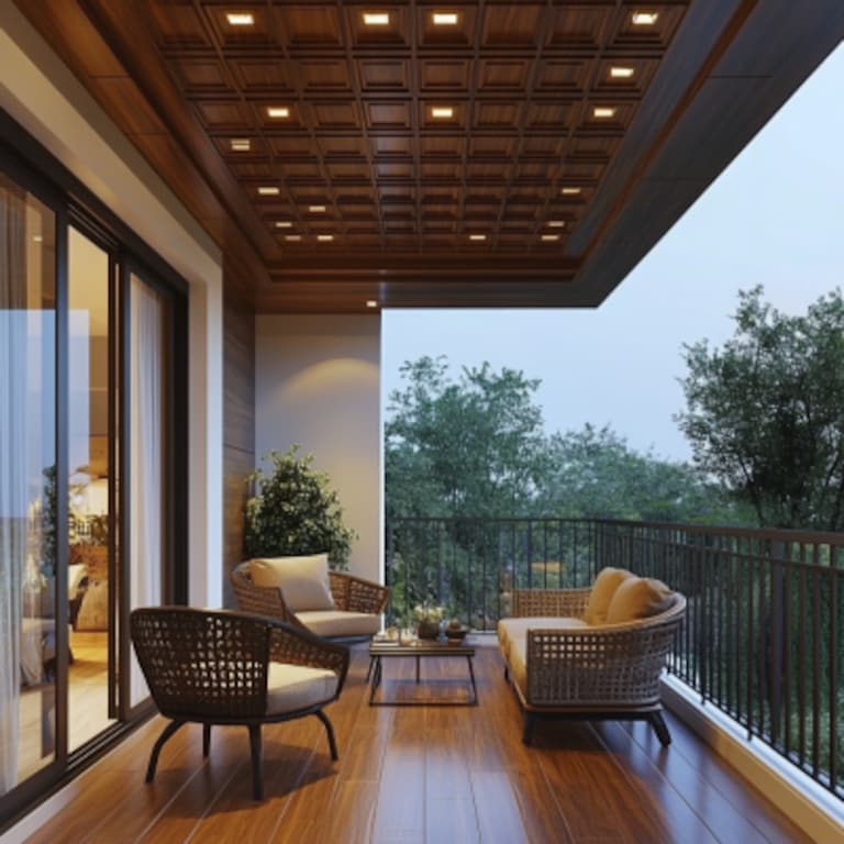 Tropical Wooden False Ceiling Design With Grid For Balcony