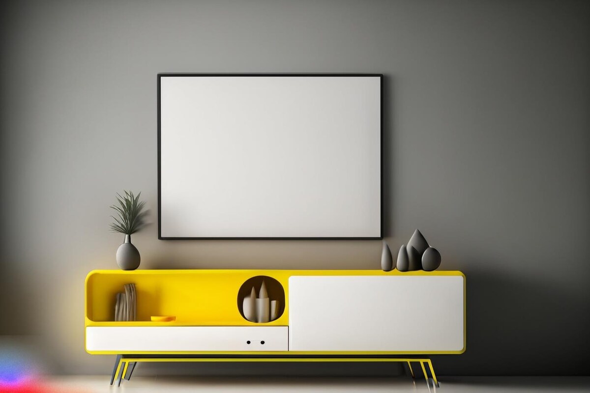 Modern TV Unit Design in White and Yellow Laminate with Grey Walls Modern TV Unit Design in White and Yellow Laminate with Grey Walls