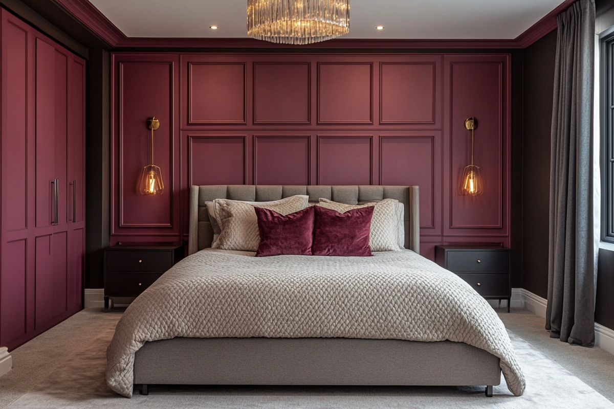 Modern Master Bedroom Design With Dark Pink Wall Panelling