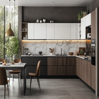 Industrial White And Dark Wood Open Modular Kitchen Design With Marble Breakfast Counter