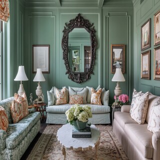 Modern Sea Green Living Room Wall Paint Design With Ornamental Mirror