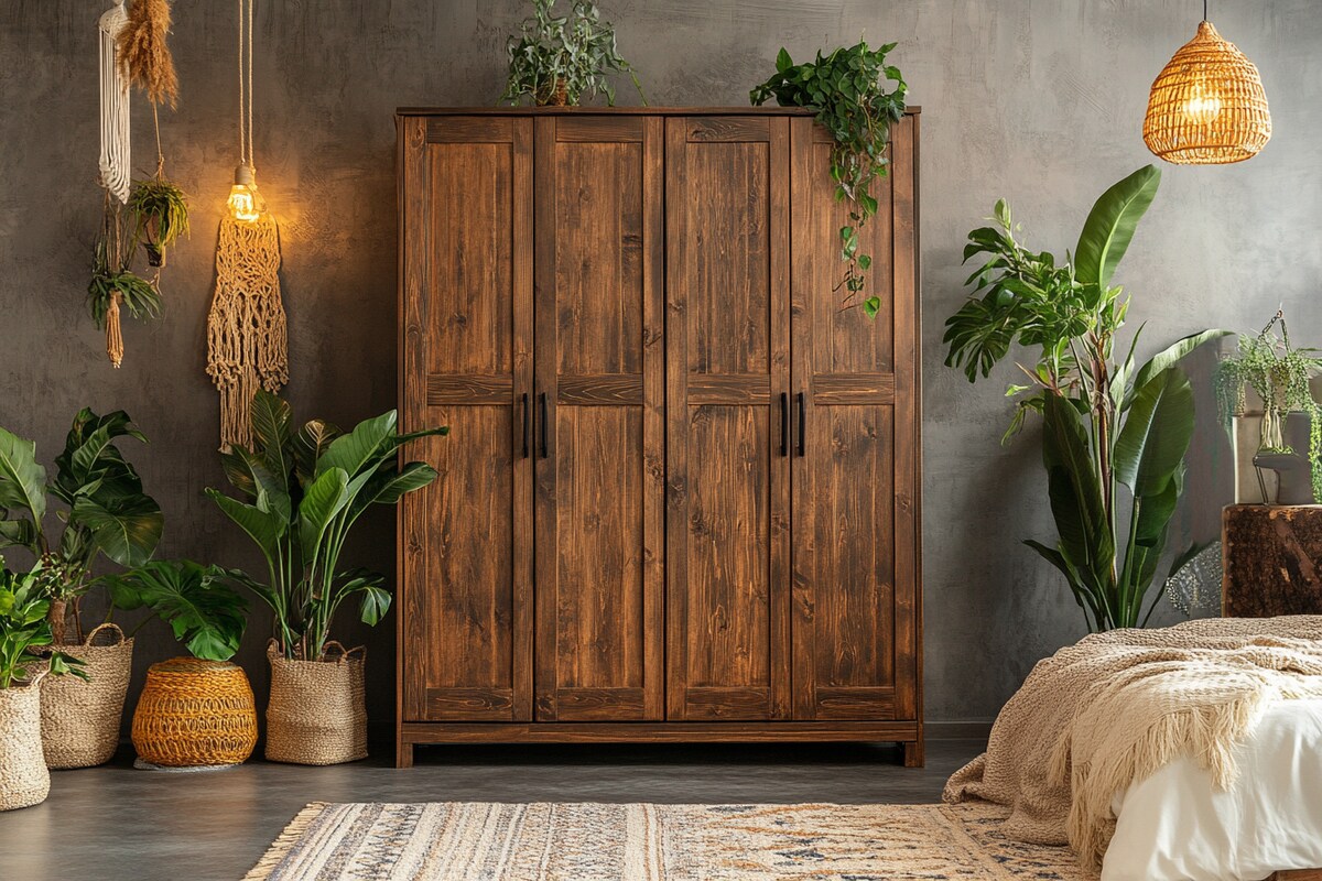 4-Door Bohemian Swing Wardrobe Design in Walnut Colour