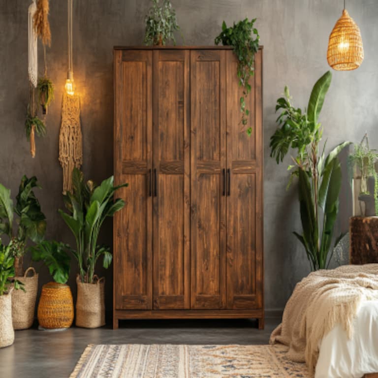4-Door Bohemian Swing Wardrobe Design in Walnut Colour