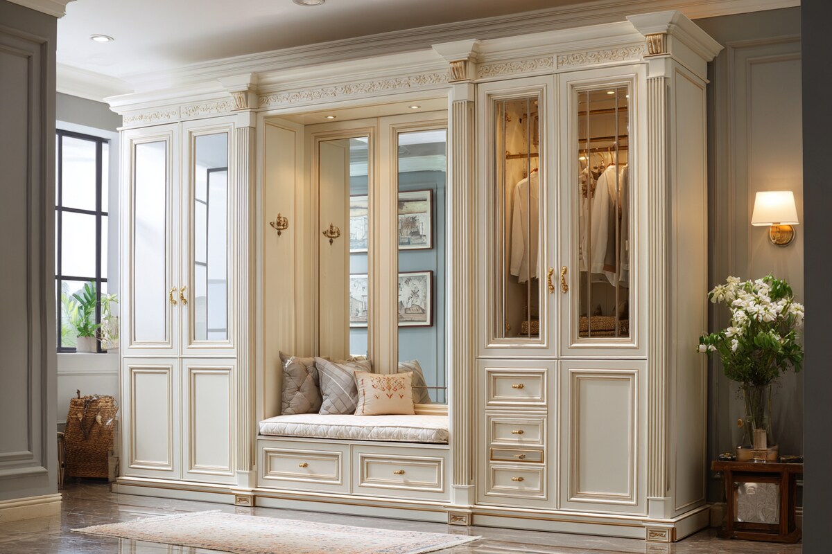 4-Door Classic Swing Wardrobe Design with Mirror and Drawers 4-Door Classic Swing Wardrobe Design with Mirror and Drawers