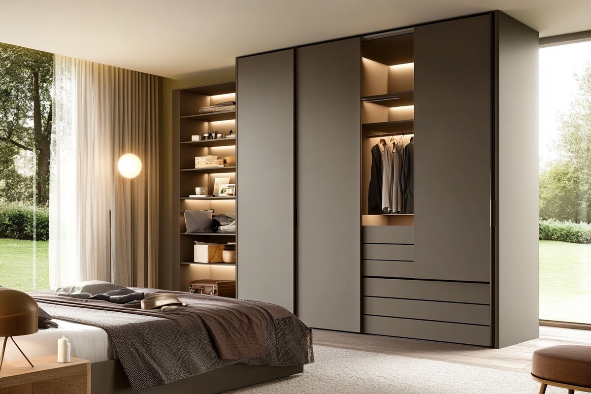 4-Door Contemporary Swing Wardrobe Design with Open Shelves