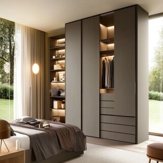 4-Door Contemporary Swing Wardrobe Design with Open Shelves