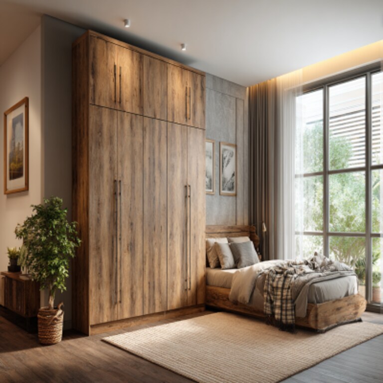 4-Door Minimal Swing Wardrobe Design in Caven Acacia With Loft Storage