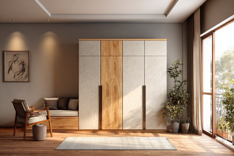 4Door Modern Swing Wardrobe Design With Neutral Wood Contrast Finish