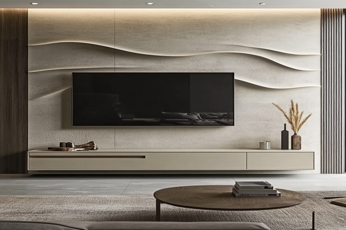 Modern Sandy Fossil TV Unit Design with Wall-Mounted Drawer