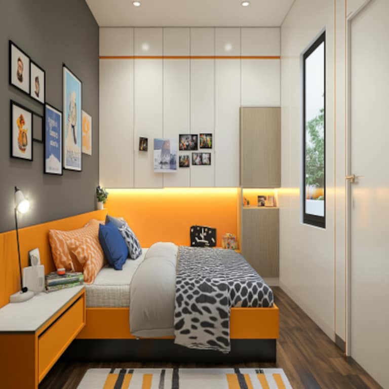 Modern Kids Bedroom Design with Study, Wardrobe, and Photo Lights