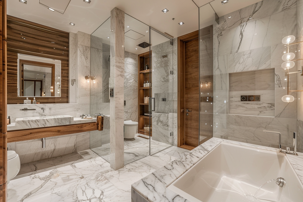 Contemporary White Marble And Wood Bathroom Design With Glass Partition