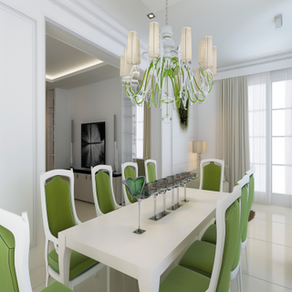 Contemporary White And Green Dining Room Design With Overhead Chandelier