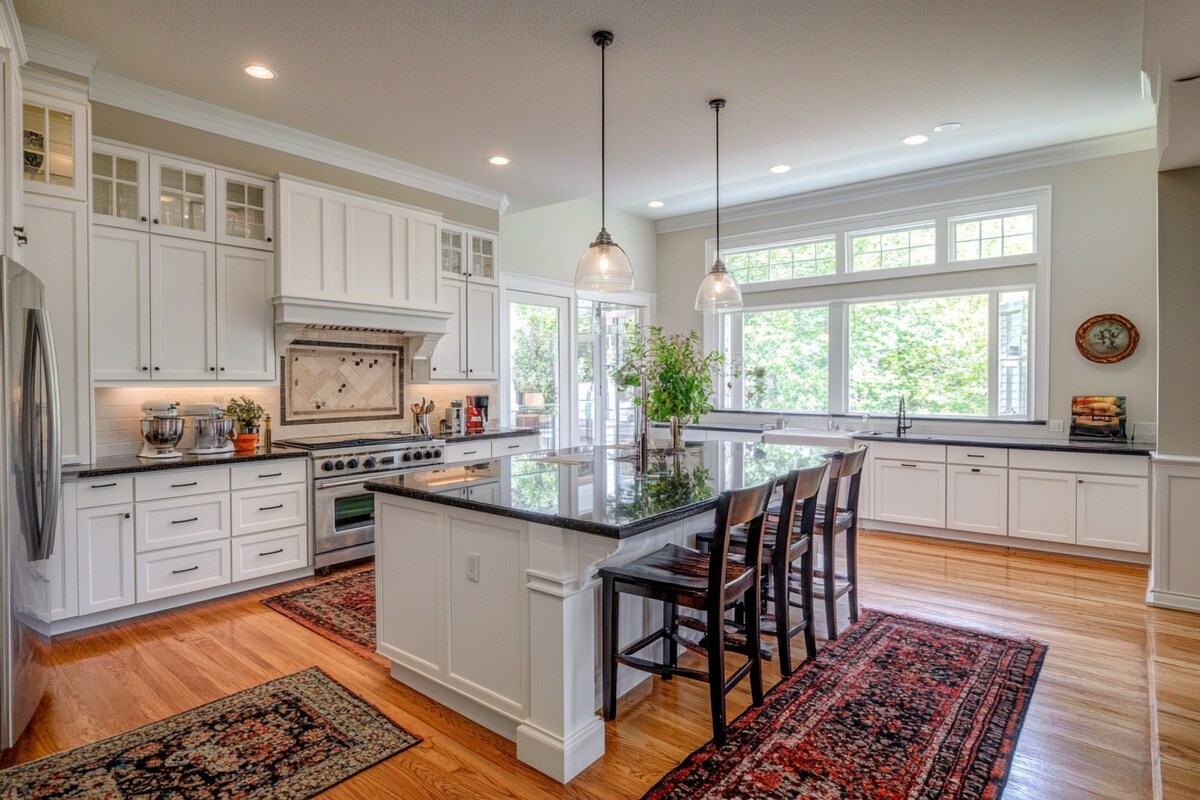 Spacious Modern Open Kitchen Design With Salvia and White Units