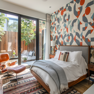 Contemporary Master Bedroom With Geometric Multicoloured Wallpaper