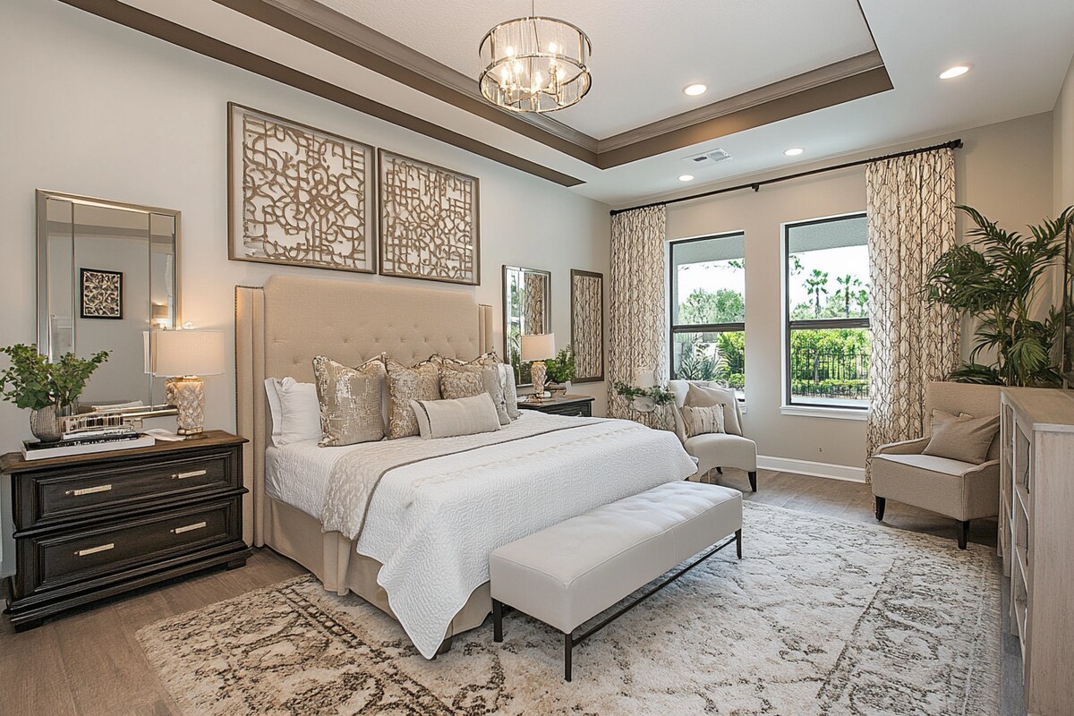 Contemporary Master Bedroom Design With Ornamental Beige Accent Wall And Mirrors