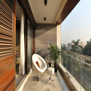 Contemporary Balcony Design With White Accent Chair And Grey-Brown Accent Wall