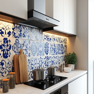 Modern Ceramic White And Blue Floral Arabesque Kitchen Tile Design