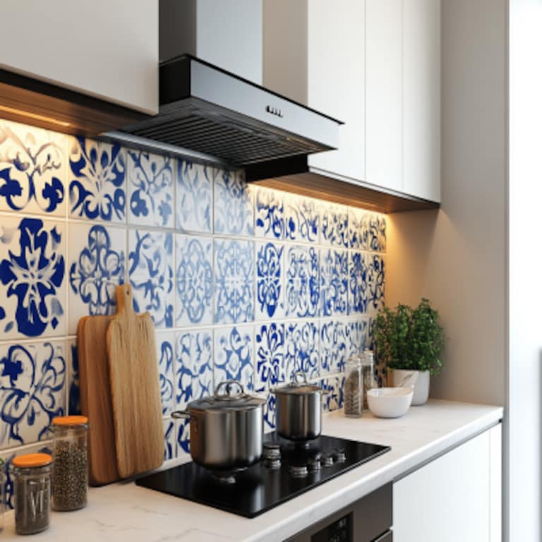 Modern Ceramic White And Blue Floral Arabesque Kitchen Tile Design