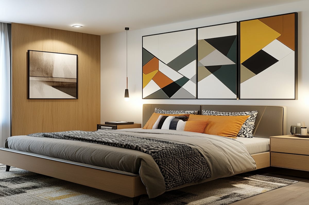 Contemporary Master Bedroom Design with Queen Bed and Geometric Art