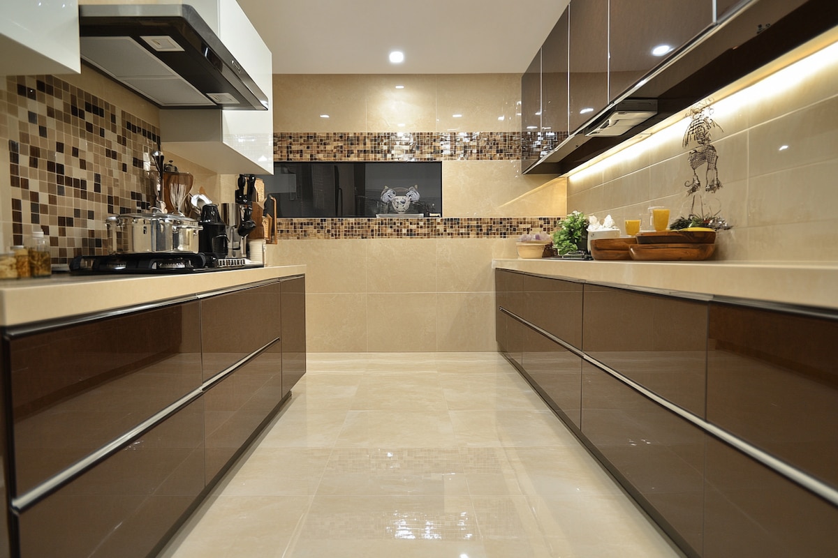 Contemporary Brown and Beige Glossy Porcelain Kitchen Tile Design