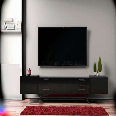Modern TV Unit Design in Black Laminate with Maroon Rug