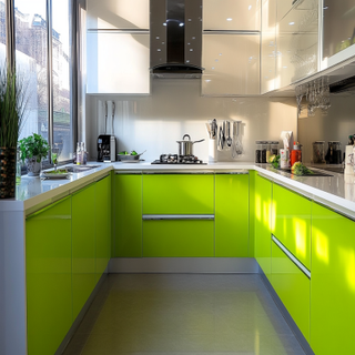 Modern Lime Green And White U-Shaped Modular Kitchen Design