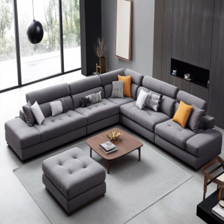 Modern Living Room Design With Grey L-Shaped Sofa and Coffee Table