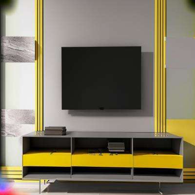 Modern TV Unit Design in Grey and Yellow Laminate