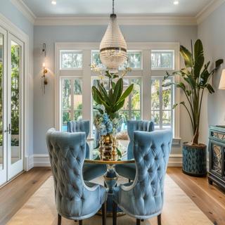 Contemporary 4-Seater Round Dining Room Design With Pastel Blue Chairs