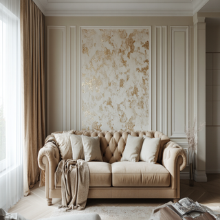 Contemporary Living Room Design With Beige Sofa And White-Gold Wall Panelling