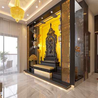 Modern Black Metal Mandir Design With Yellow Accent Wall