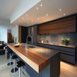 Modern Modular Open Kitchen Design With Black-Currant And White Cabinets