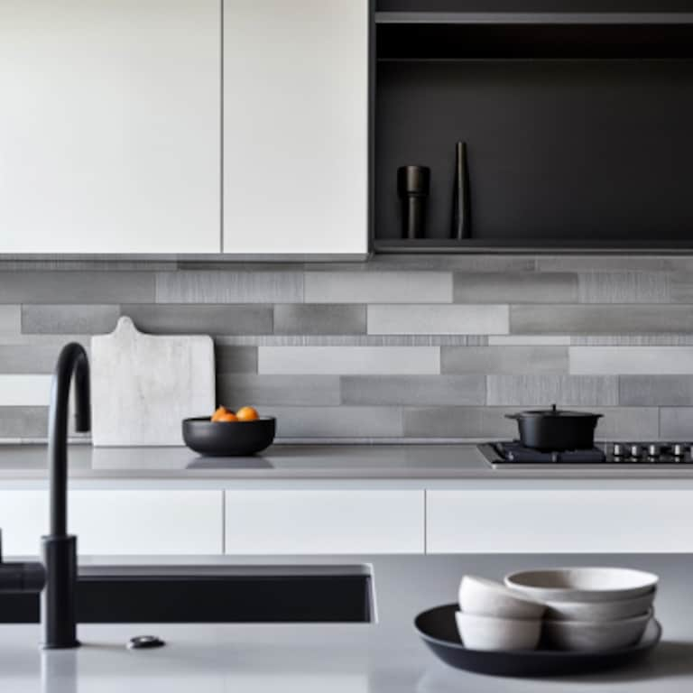 White and Grey Stacked Contemporary Kitchen Tile Design