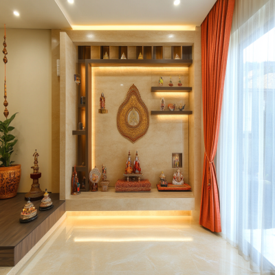 Contemporary Beige Pooja Room Design With Beige Wall-Mounted Shelves