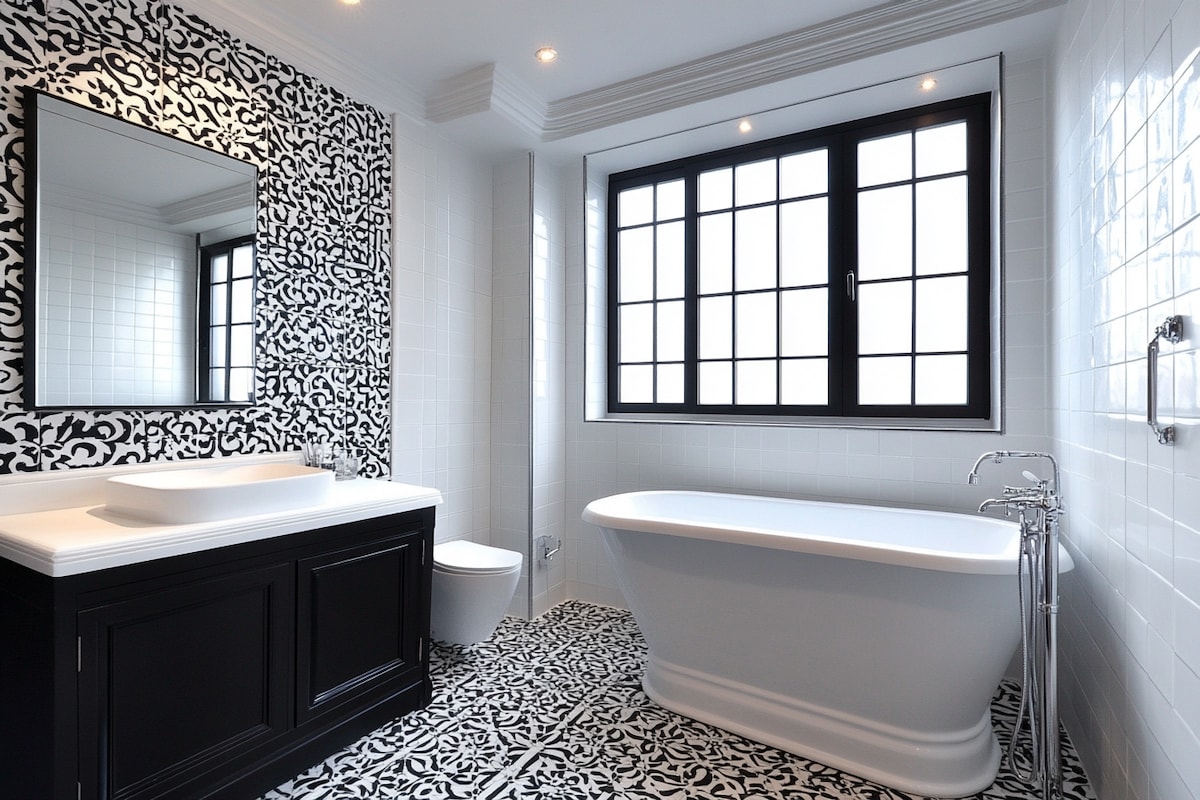 Contemporary Bathroom Design With Black And White Moroccan Tiling