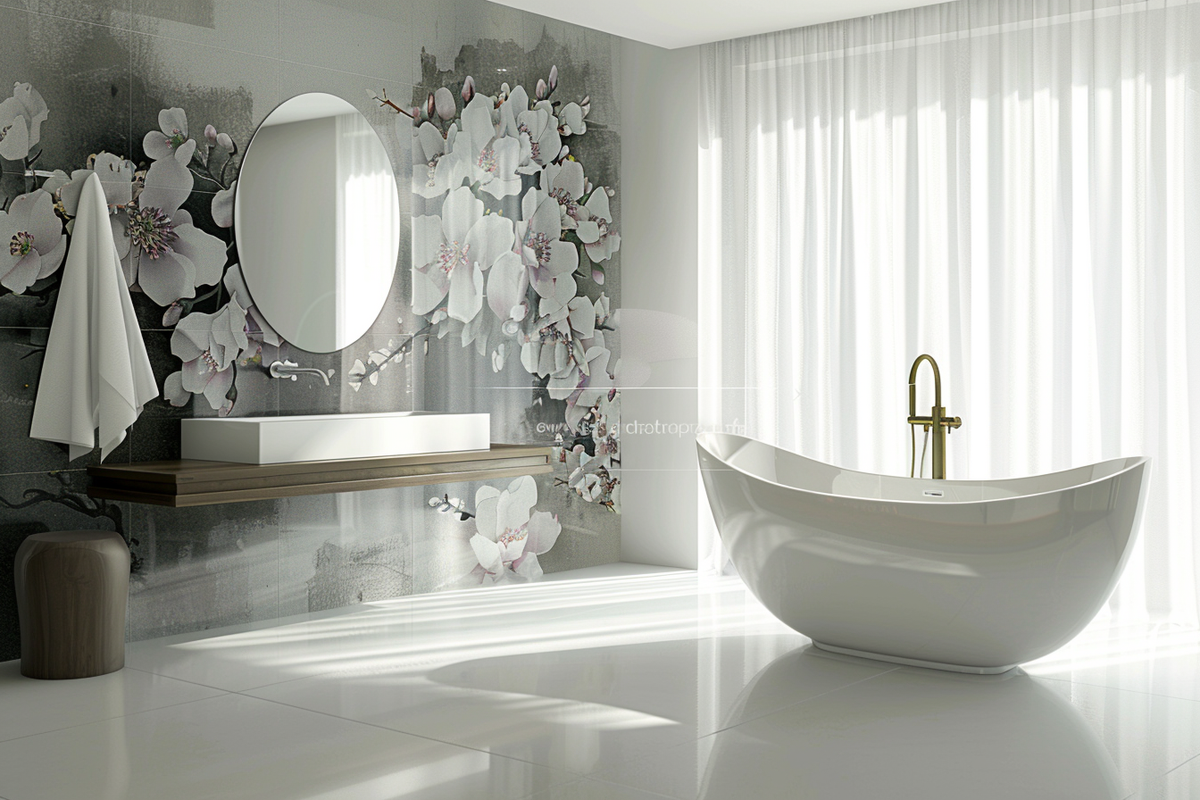 Modern White And Grey Bathroom Design With Floral Wall Design