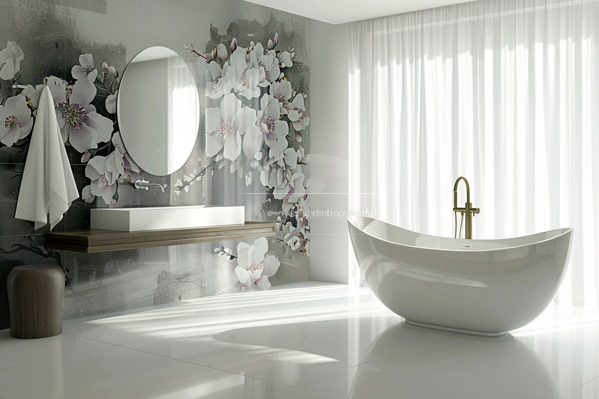 Modern White And Grey Bathroom Design With Floral Wall Design Modern White And Grey Bathroom Design With Floral Wall Design